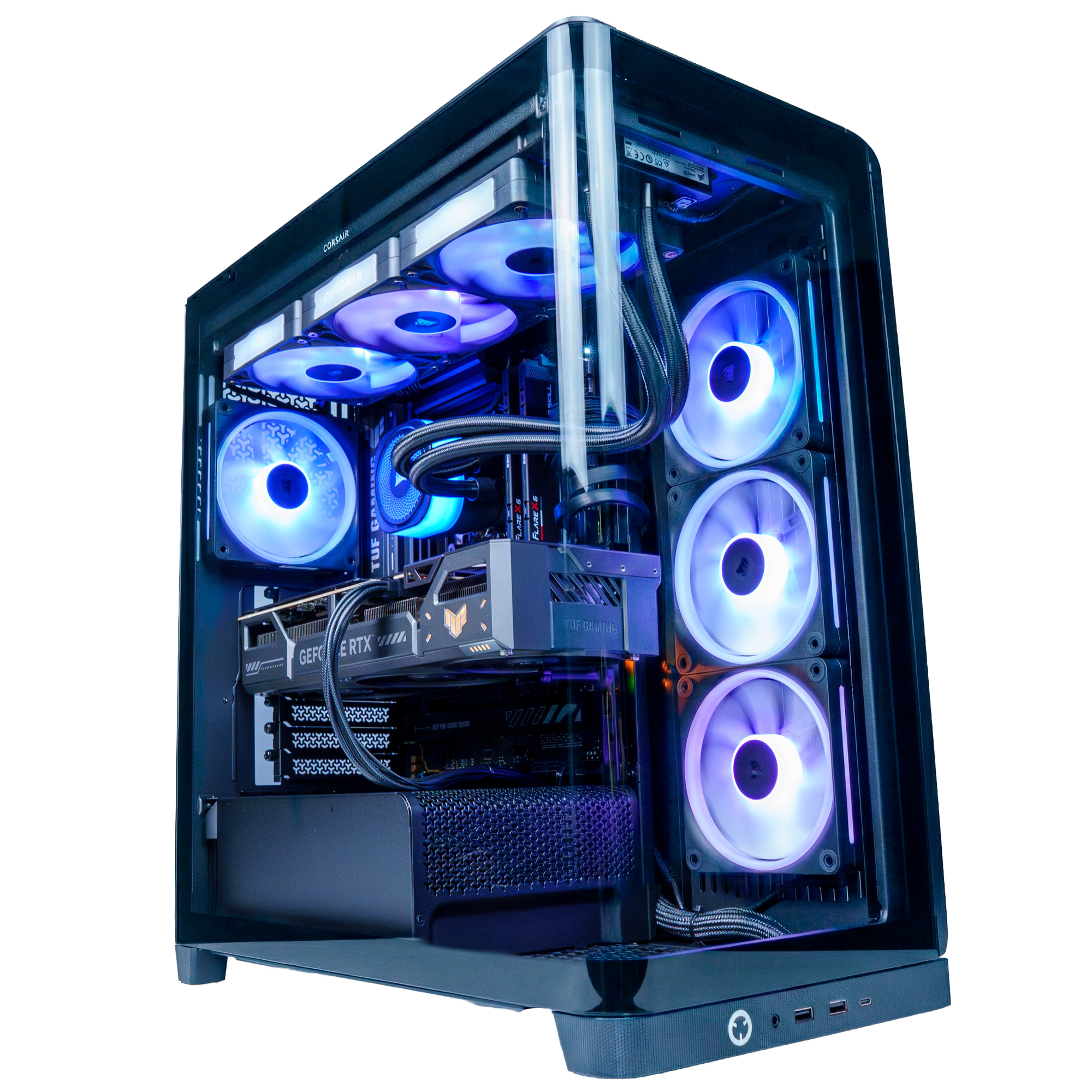 Torre de PC iluminada con ventiladores azules y morados y una tarjeta gráfica.