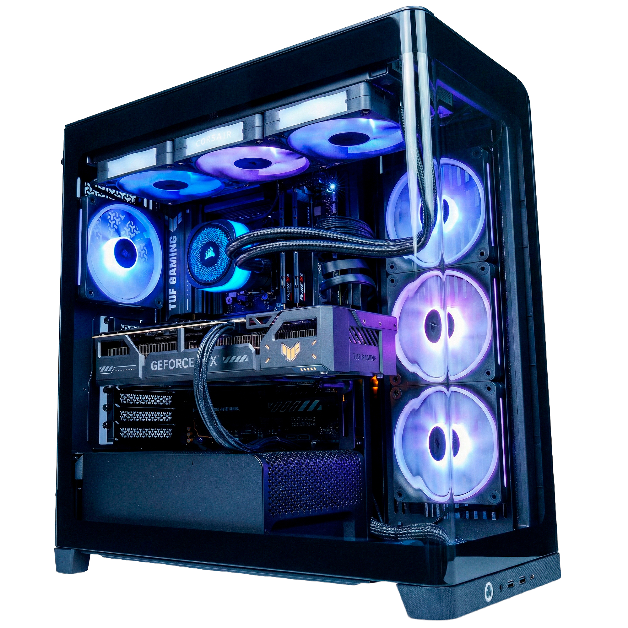 Un PC gaming de alto rendimiento con ventiladores RGB y componentes internos visibles.