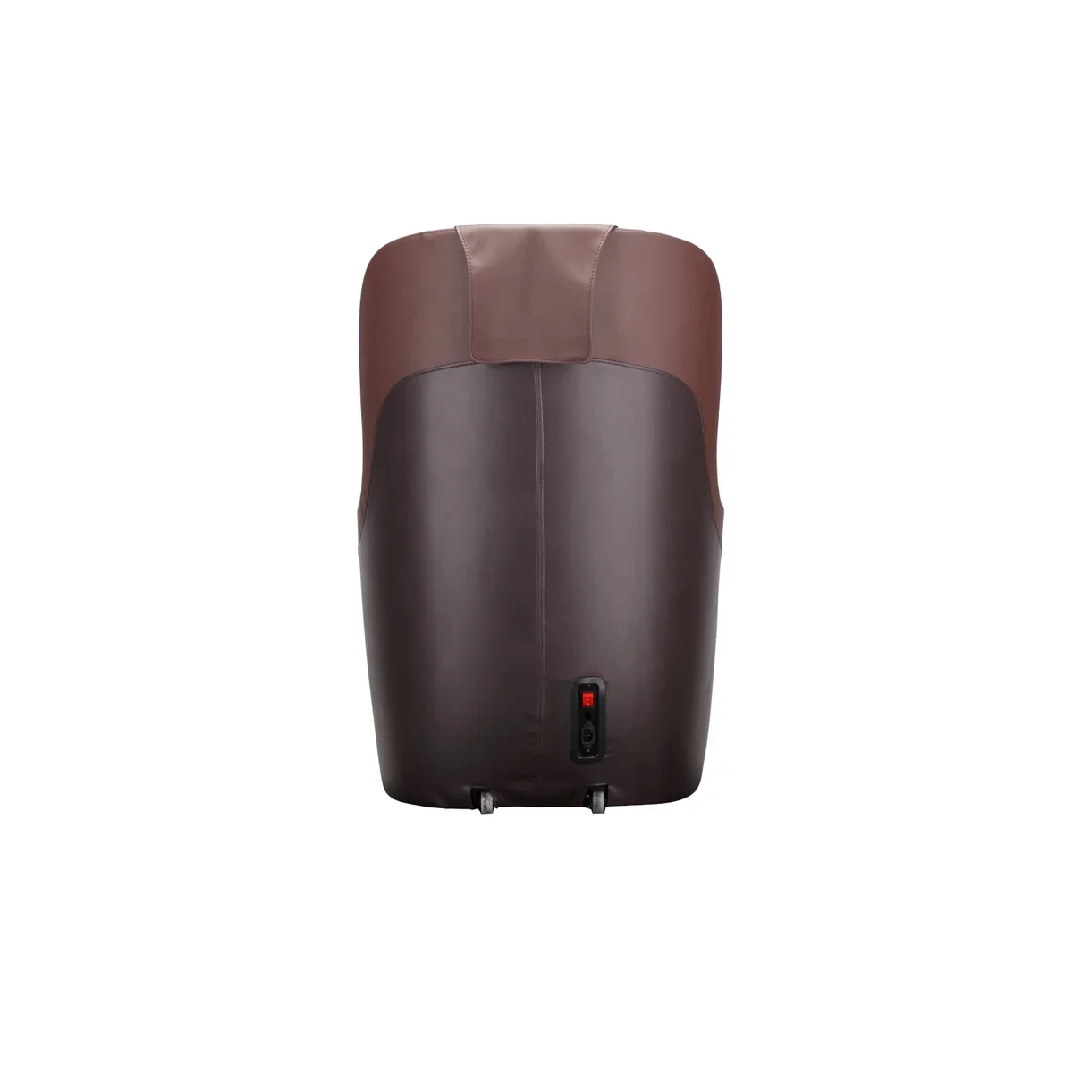 Back view of a brown massage chair with power switch and wheels.