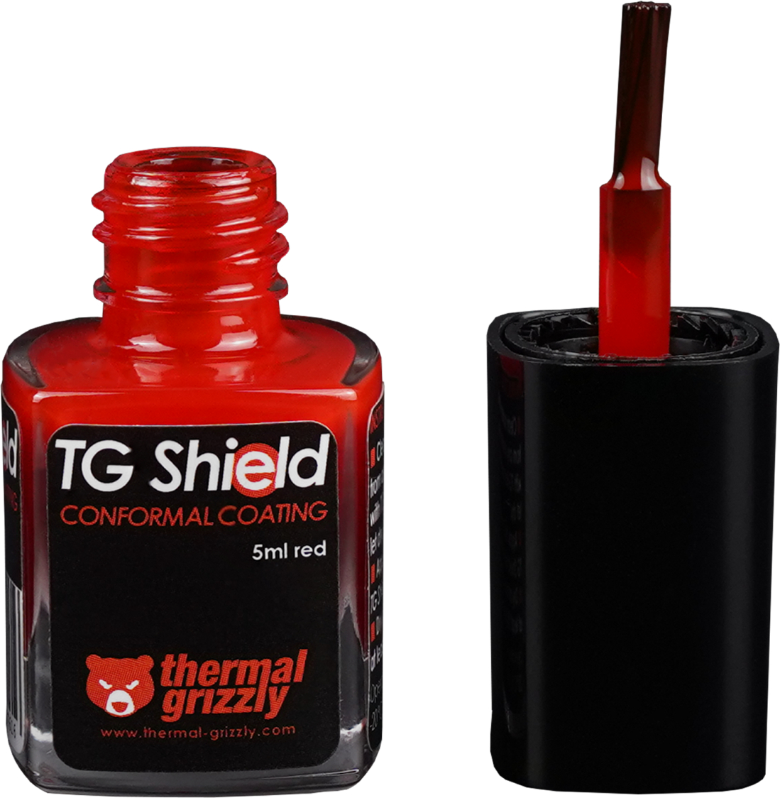 Rote Nagellackflasche mit Pinsel und schwarzer Kappe.