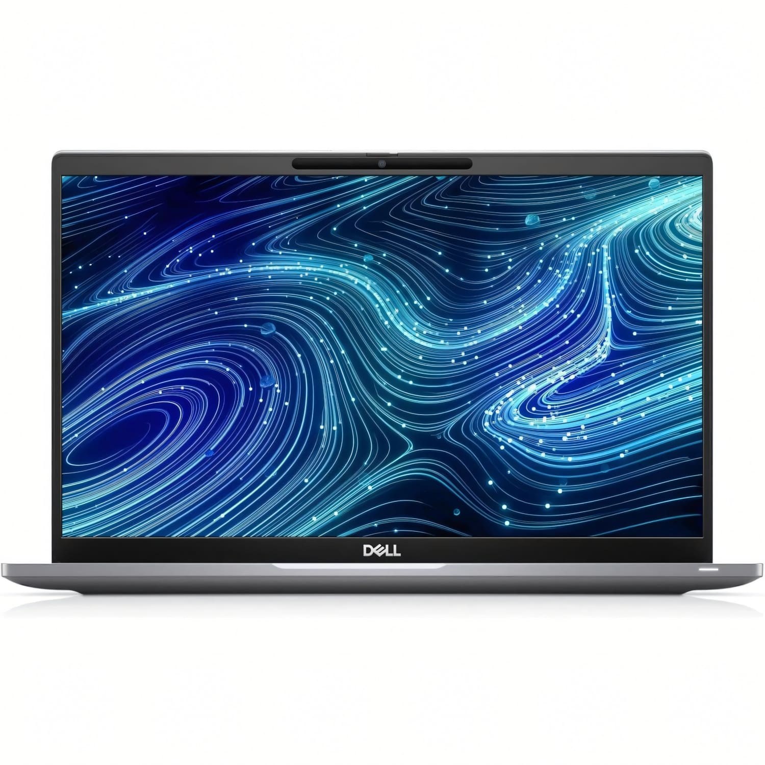 Un portátil Dell gris abierto con un fondo de pantalla azul y blanco.