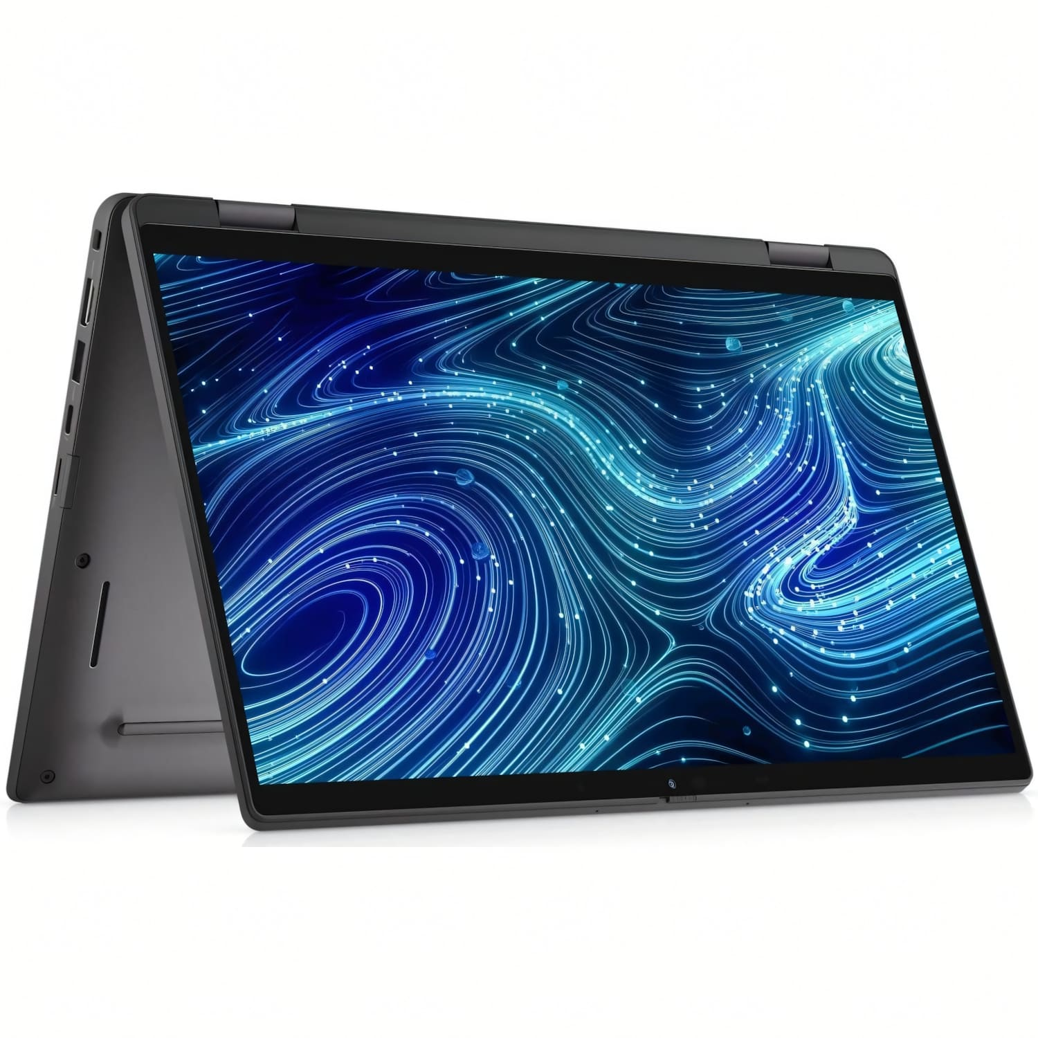 Un portátil oscuro abierto muestra un patrón azul similar al neón en su pantalla.