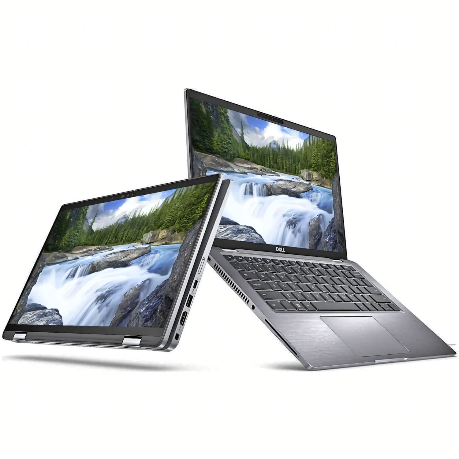Dos laptops Dell plateadas con fondo de cascada, una abierta, otra como tablet.