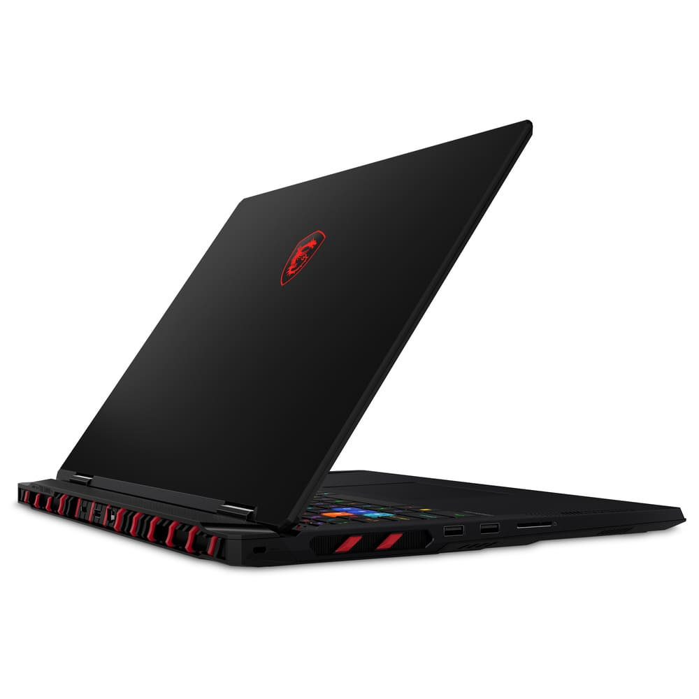 Kırmızı MSI logosuna sahip siyah dizüstü bilgisayar, aydınlatmalı klavyeli.
