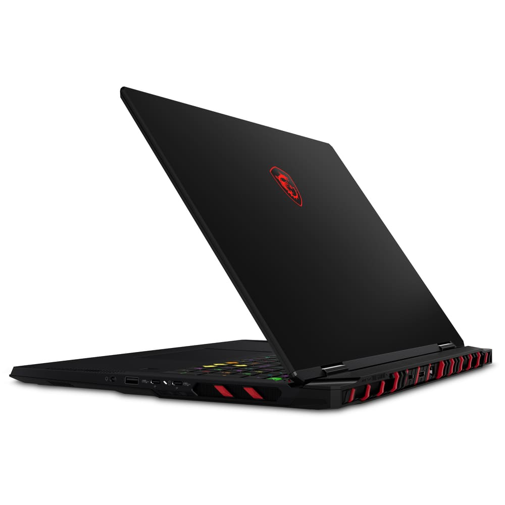 Kırmızı MSI logosu ve aydınlatmalı klavyeye sahip siyah oyuncu dizüstü.