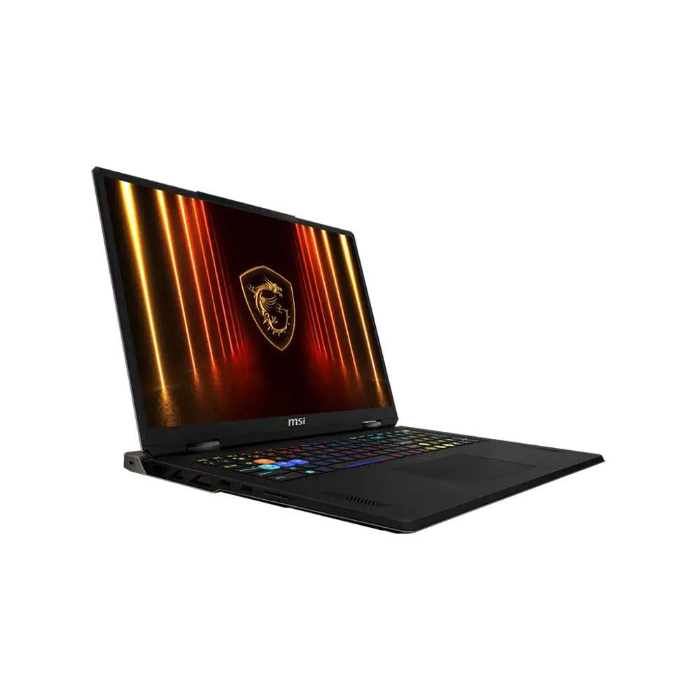 Ekranında ejderha logosu ve ışıklı klavyesi olan siyah bir MSI dizüstü bilgisayar.