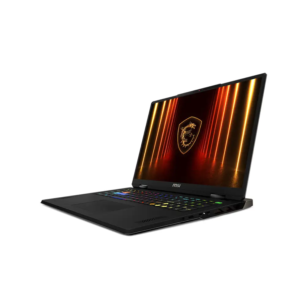 Arkadan aydınlatmalı klavyeli ve ekranda MSI logosu olan siyah MSI dizüstü.