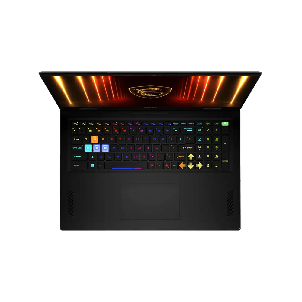Renkli RGB klavyeli ve ışıklı ekrana sahip açık siyah MSI dizüstü bilgisayar.