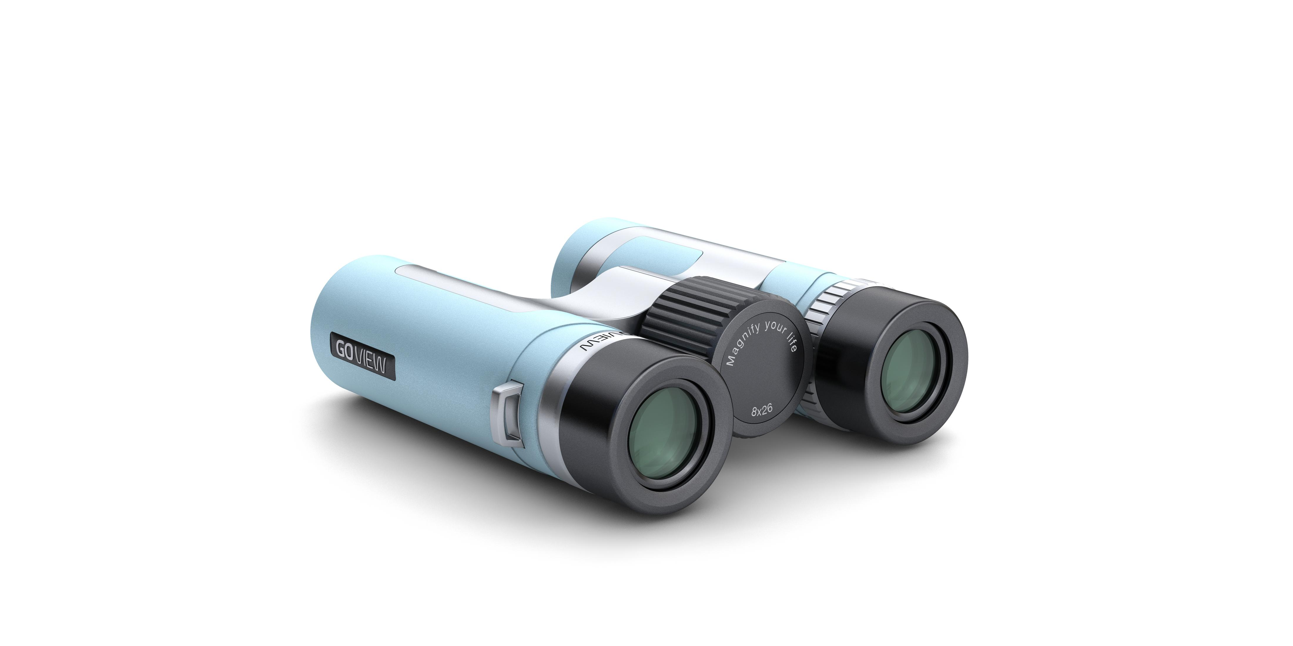 Binocolo azzurro con rotella di messa a fuoco nera e accenti argentati.