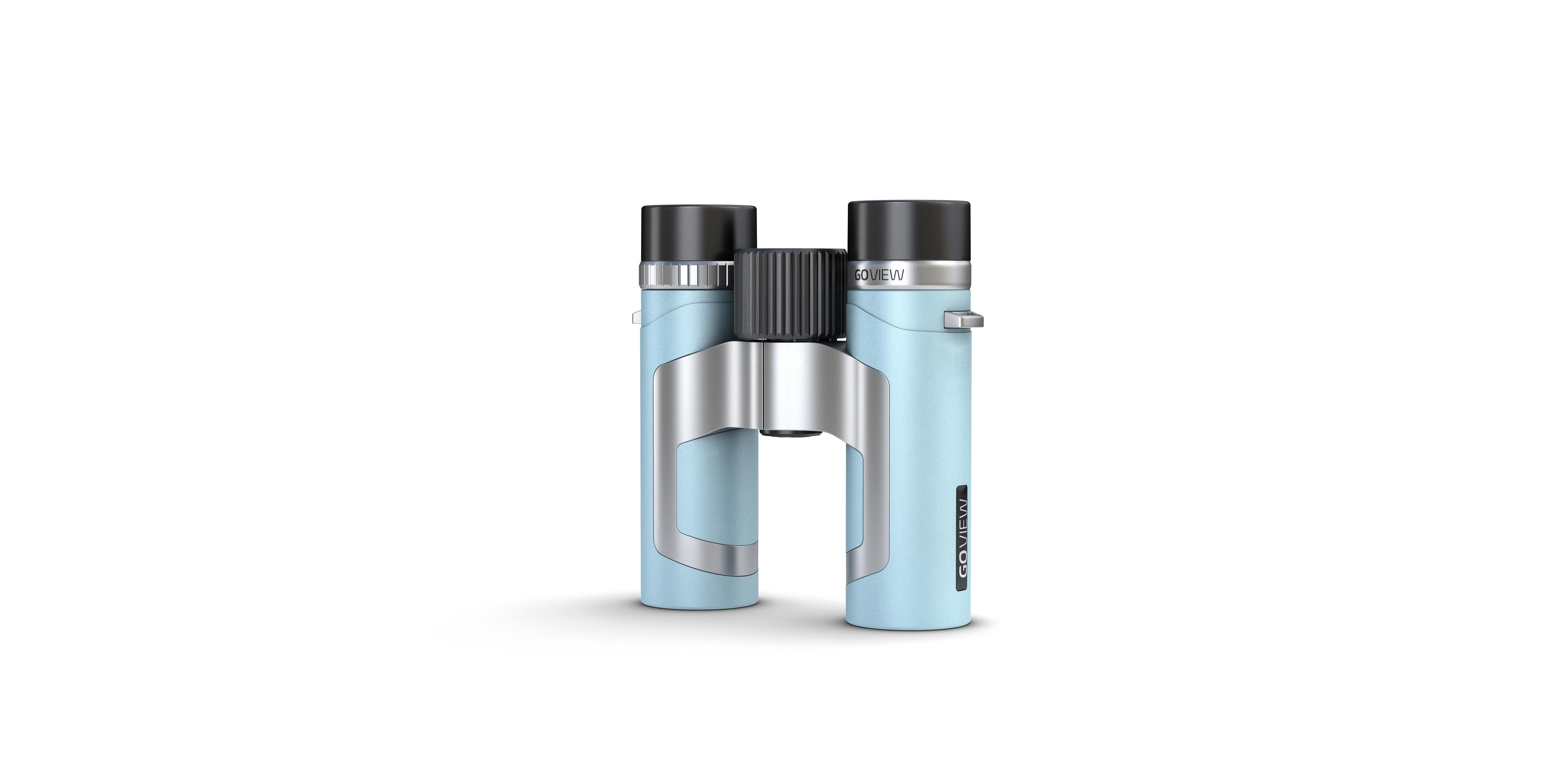 Binocolo azzurro con accenti argentati e ghiera di messa a fuoco nera.