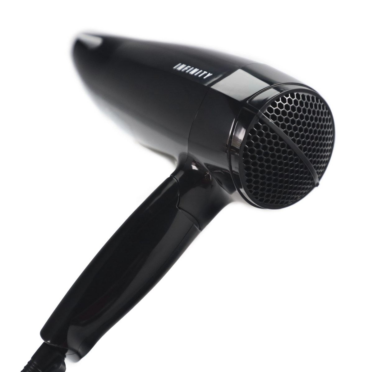 Czarna suszarka do włosów z nazwą marki INFINITY na białym tle.