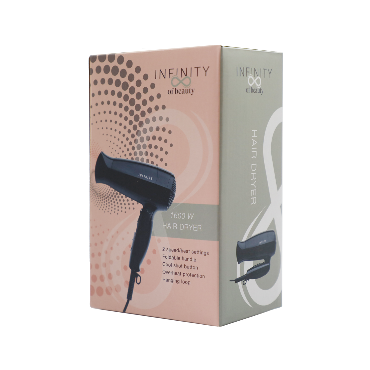 Czarna suszarka do włosów na pudełku z logo INFINITY of beauty i detalami.