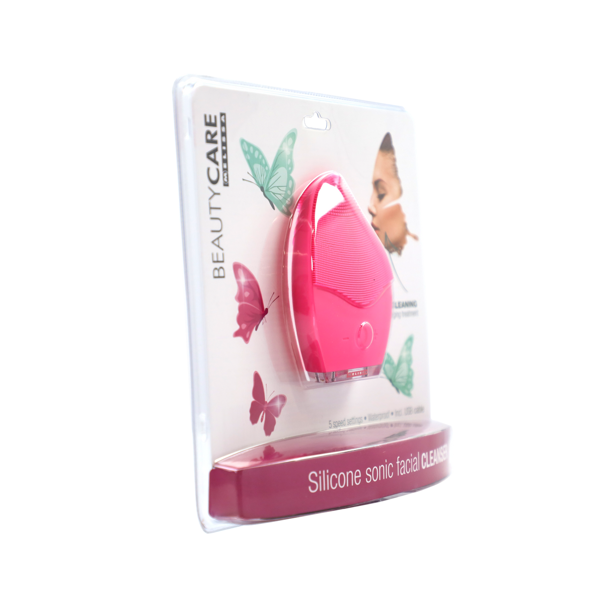 Pakowany różowy środek do czyszczenia twarzy z motylami.