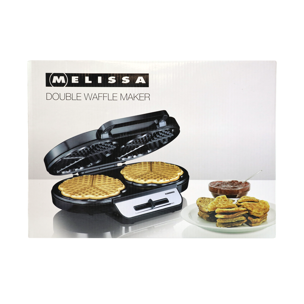 Otwarta gofrownica podwójna MELISSA z dwoma goframi, gofry na talerzu i dżem.