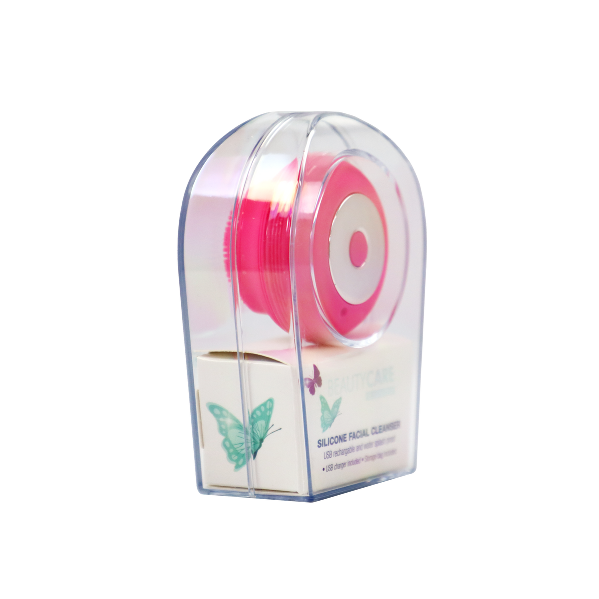 Różowy oczyszczacz do twarzy w przezroczystym opakowaniu z motylami.