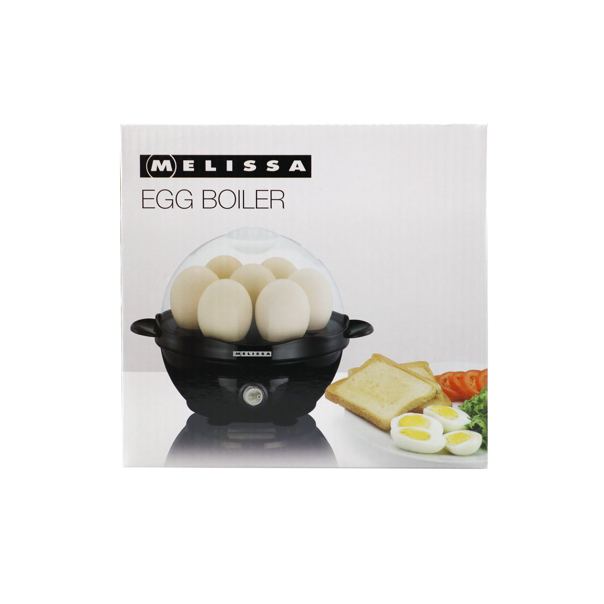 Czarna parowarka do jajek z 7 jajkami pod przezroczystą pokrywką, obok tostów i jajek na twardo.