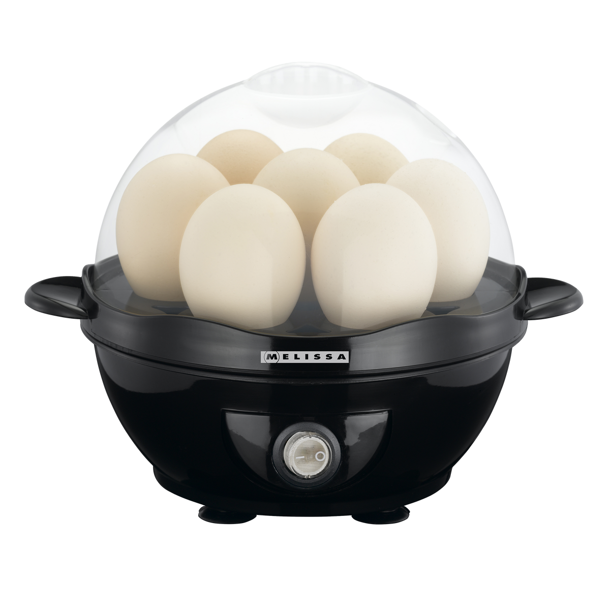 Czarna maszynka do gotowania jajek z sześcioma białymi jajkami pod przezroczystą pokrywką.