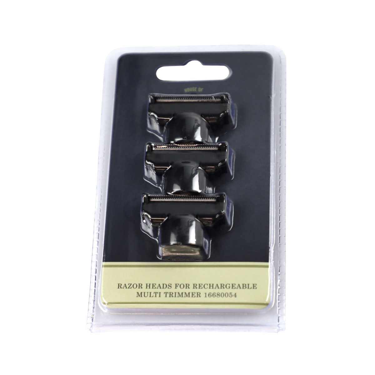 Drei Ersatzklingen für Trimmer in transparenter Verpackung.