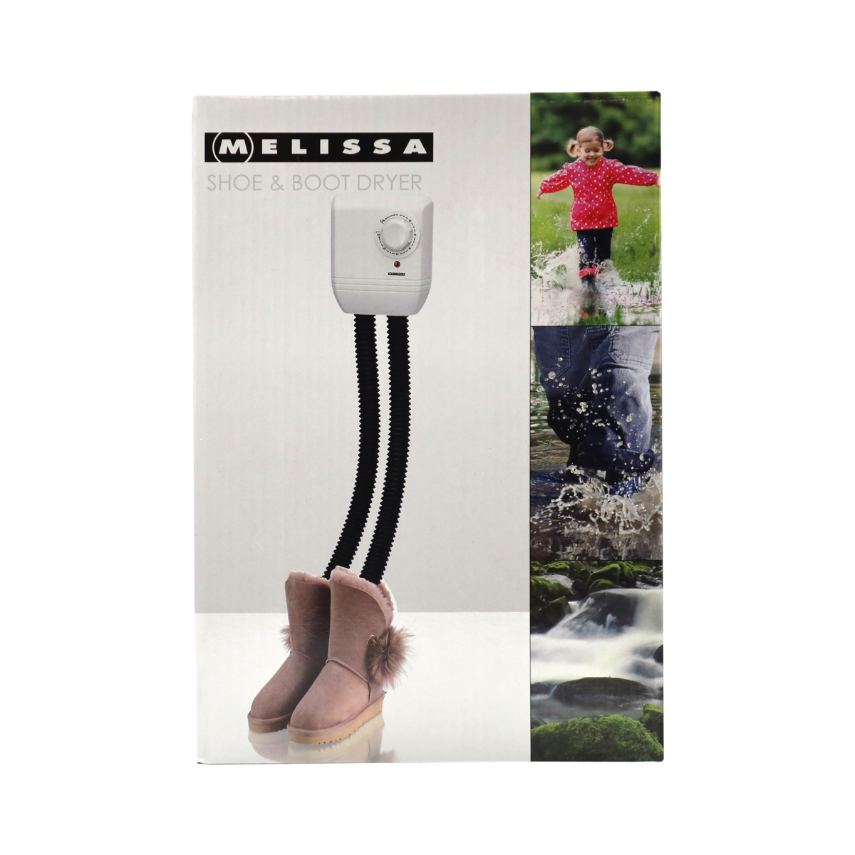 A white shoe and boot dryer with two hoses dries pink boots.