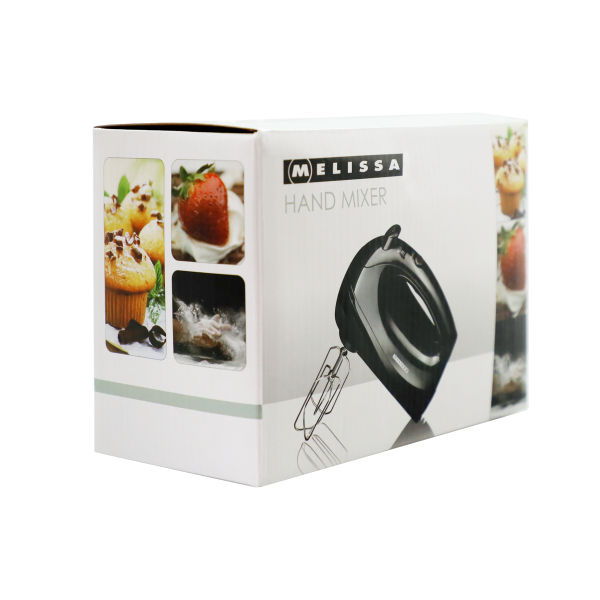 Pudełko czarnego miksera ręcznego z obrazkami muffinów i truskawek.