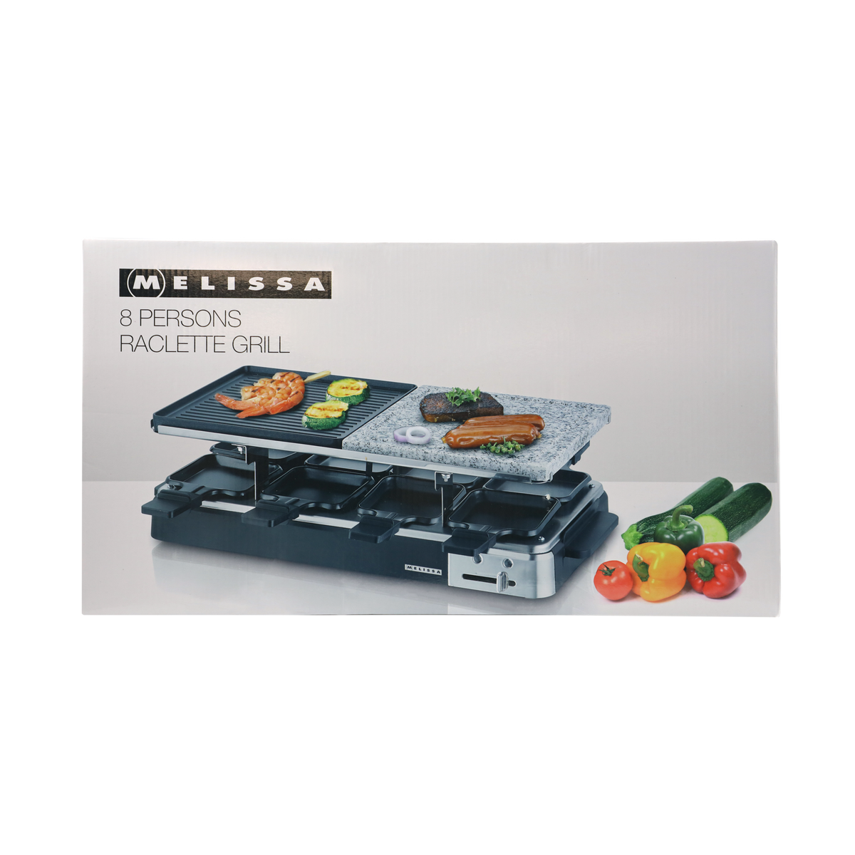 Grill Raclette Melissa dla 8 osób z mięsem, krewetkami, cukinią i papryką.