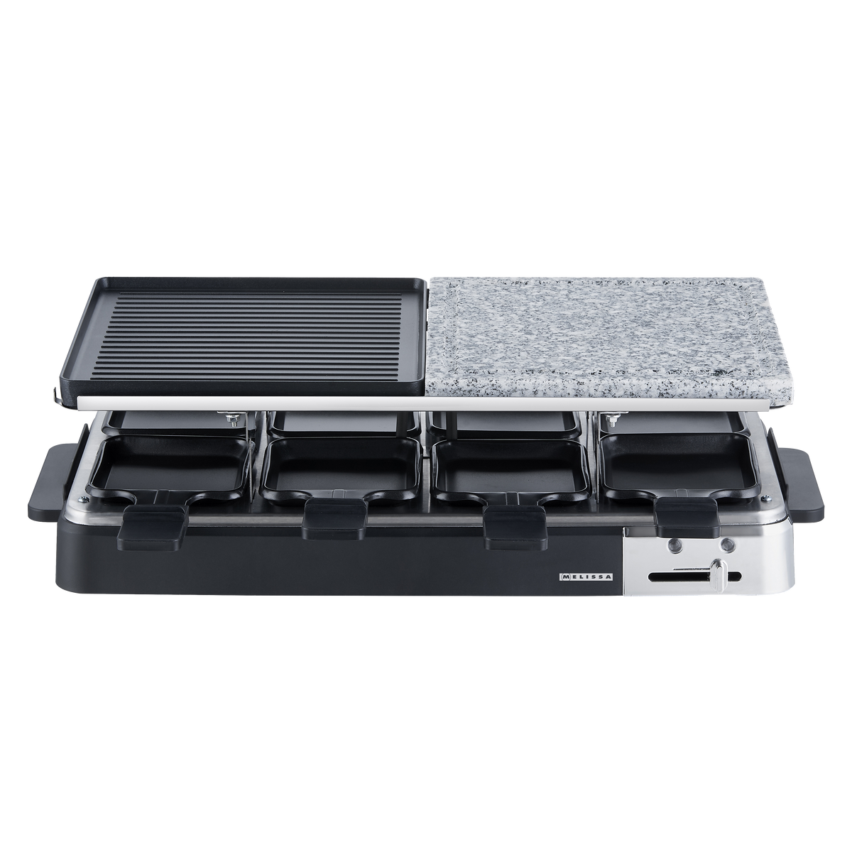 Grill do raclette z płytą grillową i kamienną.