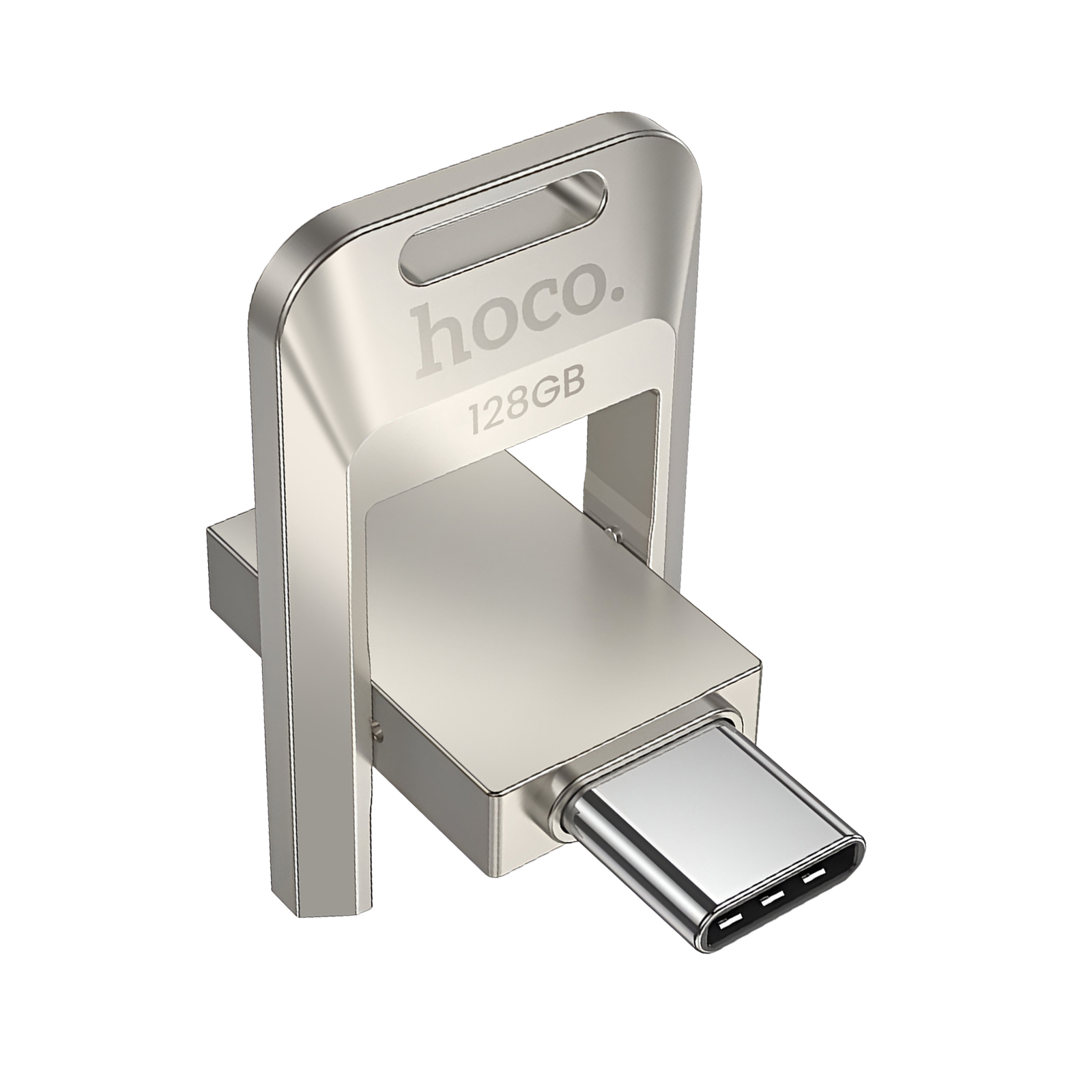 Clé USB-C argentée 128 Go avec logo hoco, design en forme de clé.