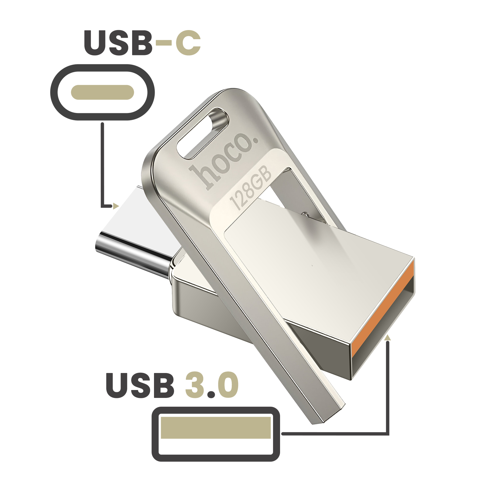 Une clé USB Hoco argentée 128Go USB-C 3.0.
