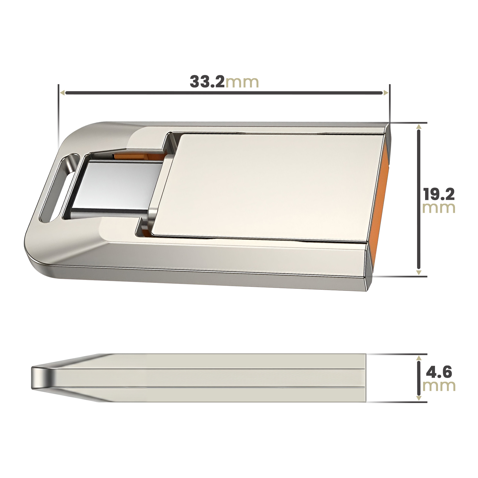 Clé USB argentée, dimensions 33,2x19,2x4,6mm. Avec accents orange.