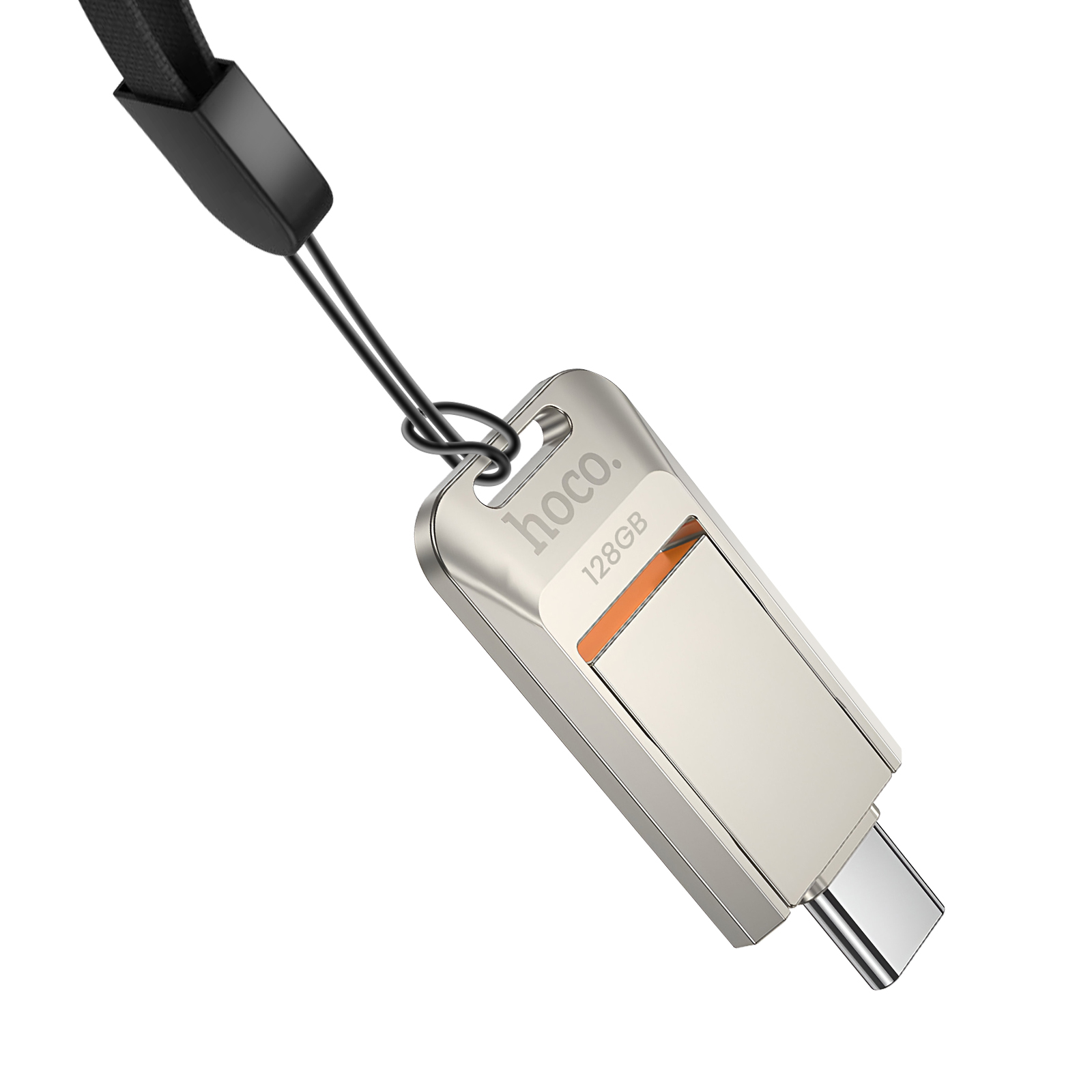 Clé USB-C argentée 128 Go, marque hoco, avec lanière.
