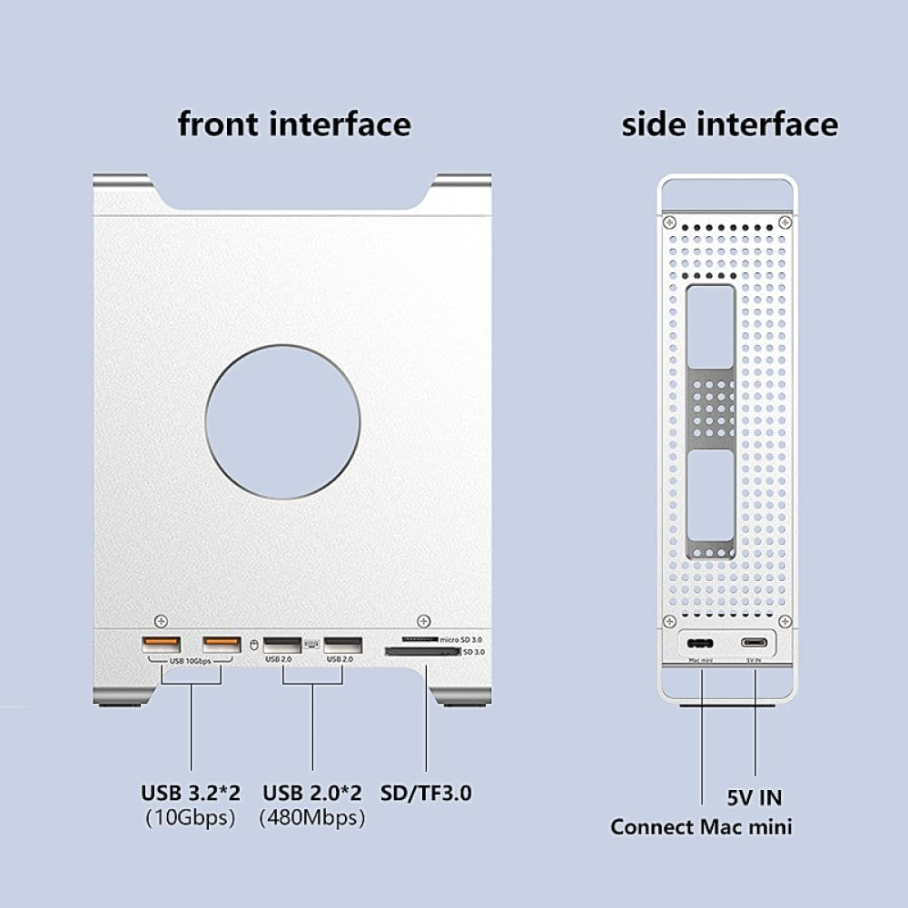 Portlu beyaz Mac Mini standının ön ve yan görünümü.