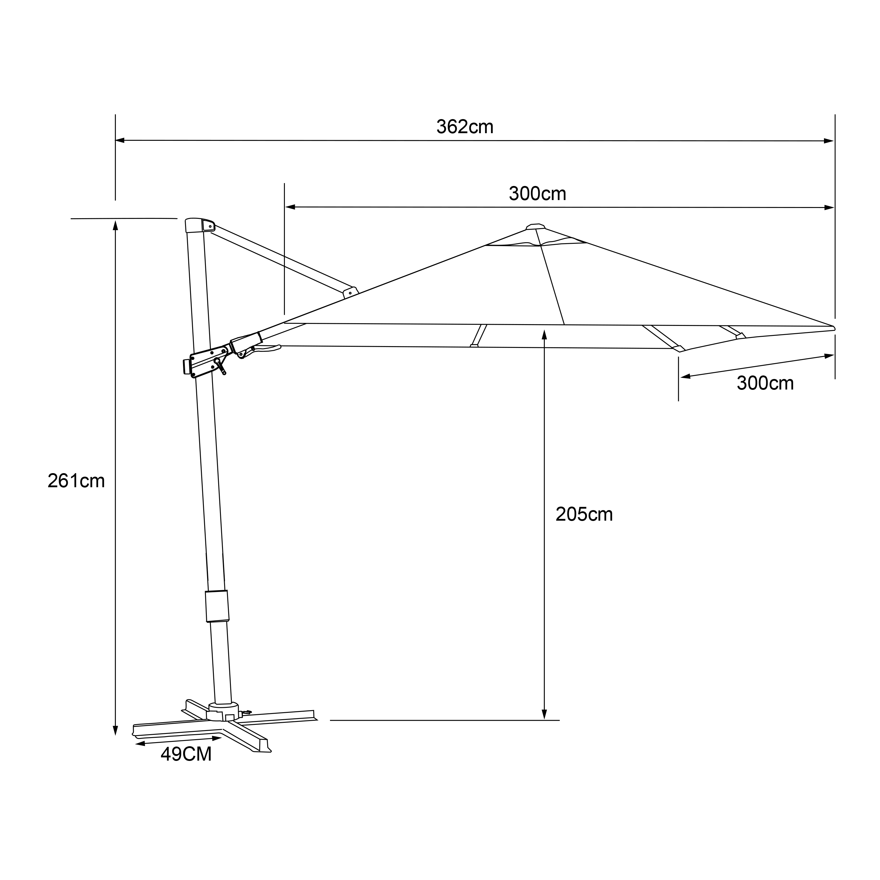 Technische Zeichnung eines Sonnenschirms mit Maßen: 362cm Breite, 261cm Höhe, 205cm Tiefe, 300cm Schirmgröße, 49cm Fuß.