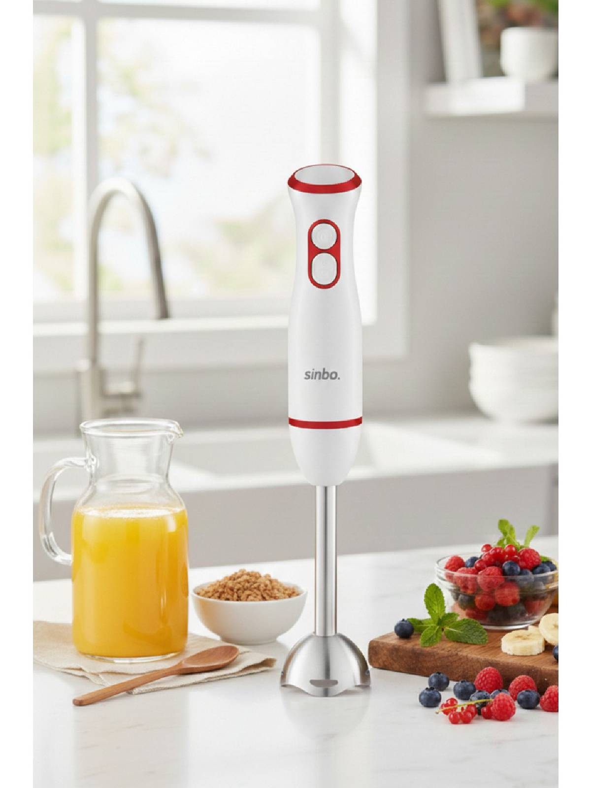 SINBO SHB-7514 Paslanmaz Çelik Bıçaklı, Sessiz Motor ve 2 Kademe Hız Ayarlı 220 V El Blenderı Beyaz / Kırmızı
