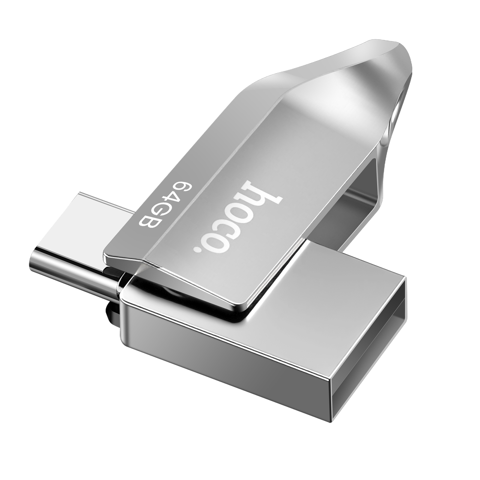 Pen drive Hoco argentata da 64GB con connettori USB-C e USB-A.