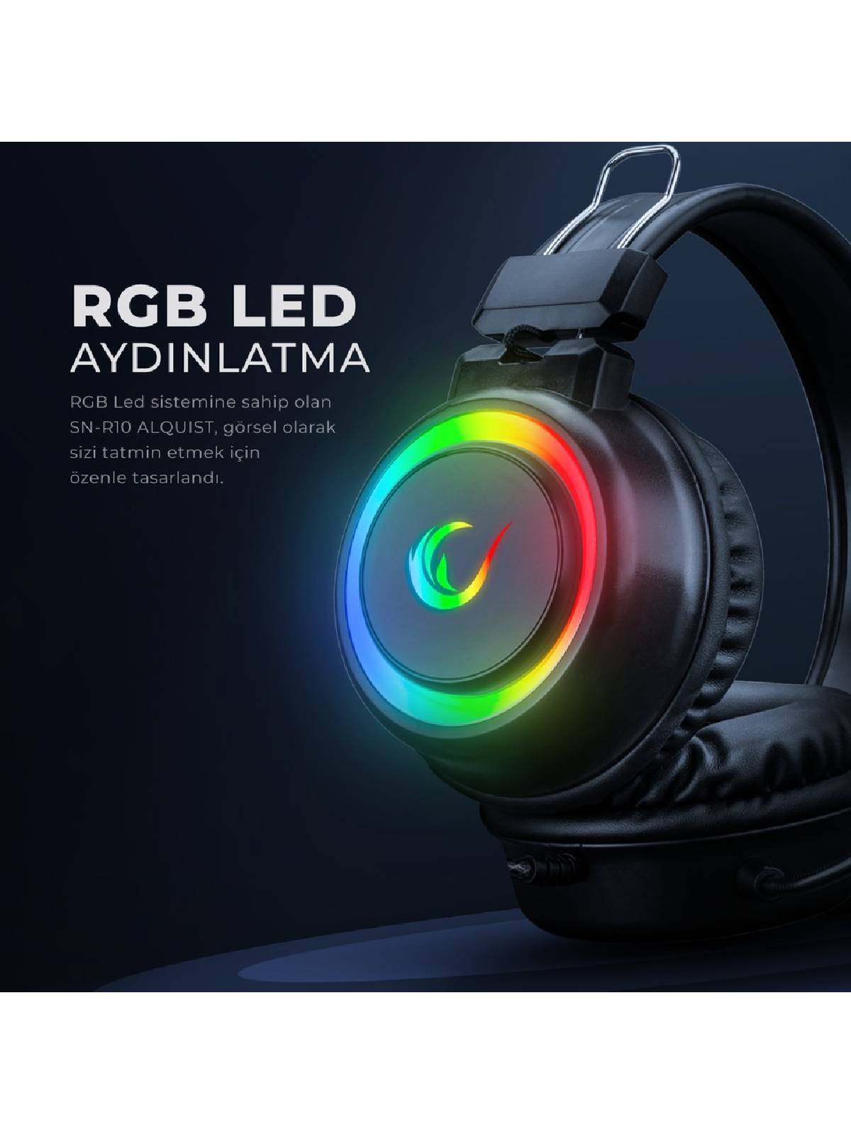 Kulaklıklar ve logo üzerinde RGB LED aydınlatmalı siyah kulaklık.