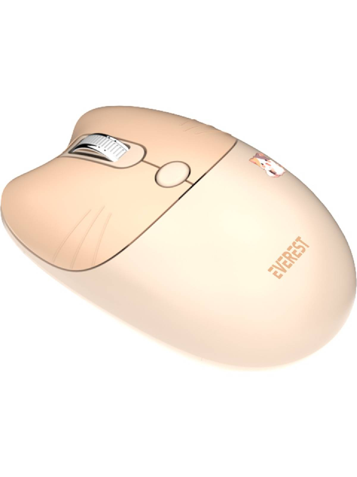 Kaydırma tekerleği ve küçük bir hamster çıkartması olan bej bilgisayar faresi.