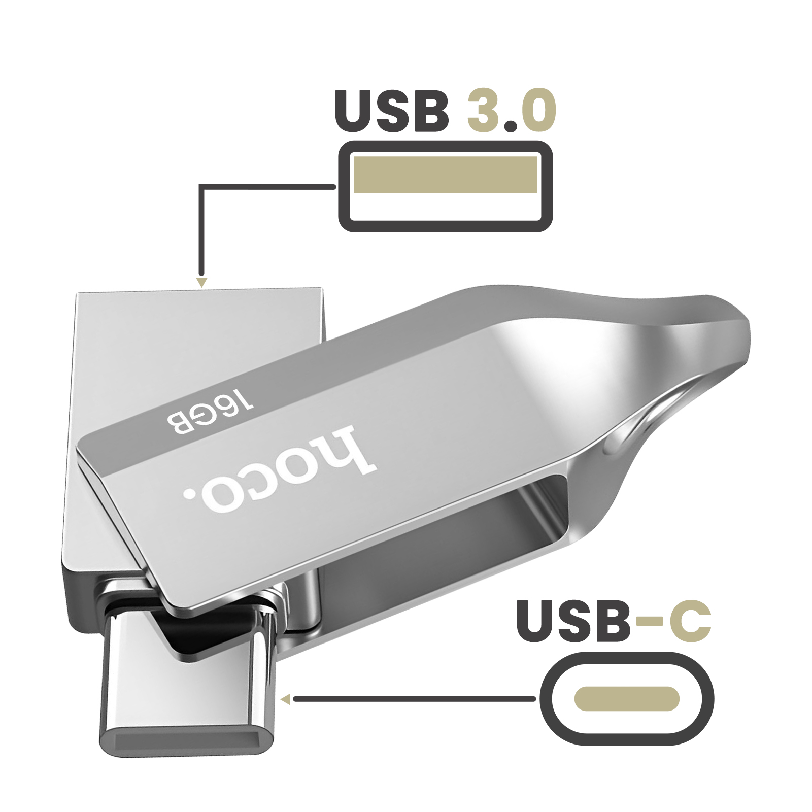 Silberner USB-C-Speicherstick mit 16 GB, USB 3.0.