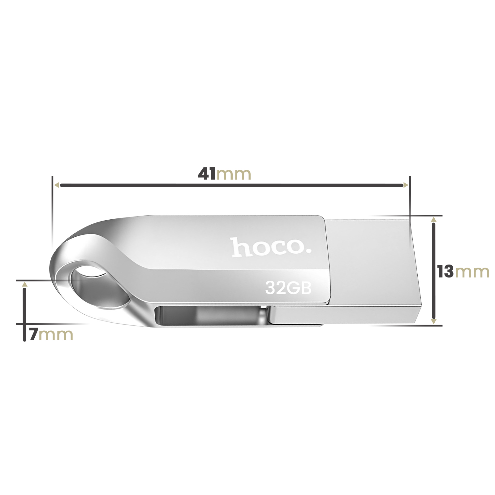 Chiavetta USB Hoco argento 32GB, dimensioni 41x13x7mm.