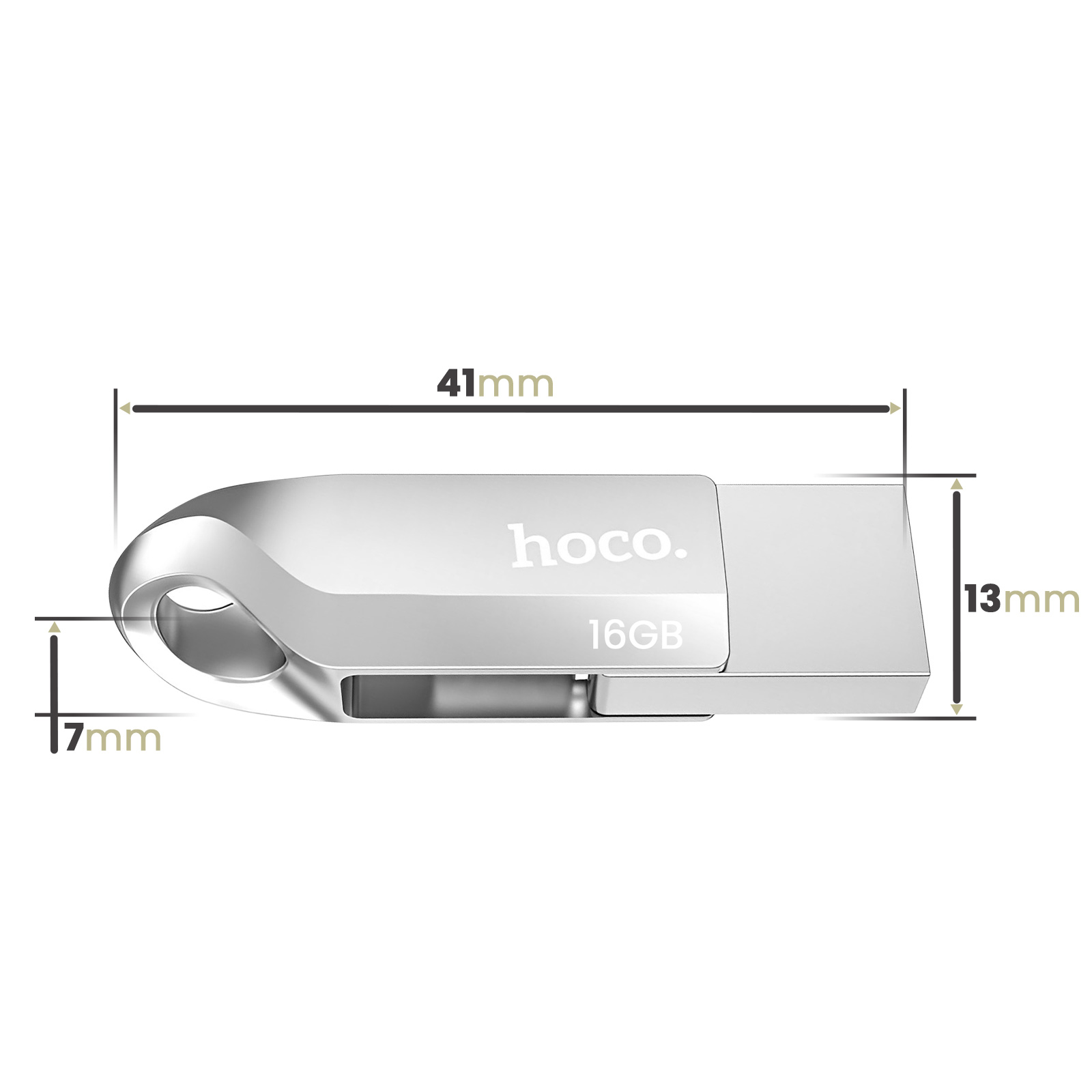 Silberner USB-Stick mit 16 GB, Marke Hoco, Maße 41x13x7mm.