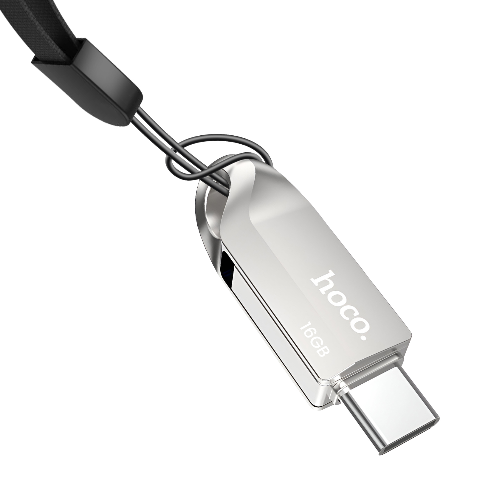 Silberner USB-C-Stick mit 16 GB, Marke hoco., mit Lanyard.