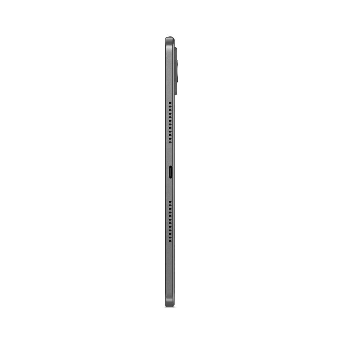Profil görünümlü gri tablet, şarj portu ve hoparlör delikleri.