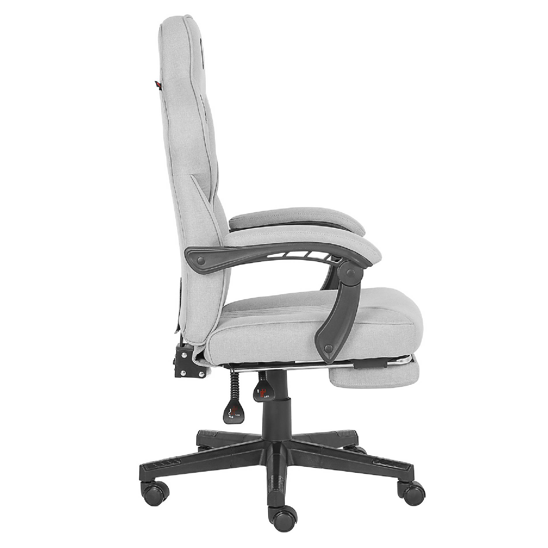 Tekerlekli ve uzatılabilir ayak destekli gri ofis koltuğu.