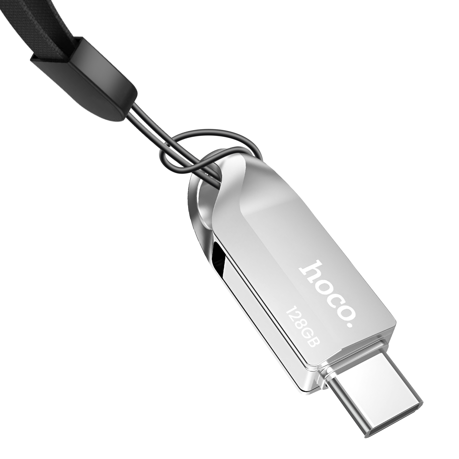 Pen drive USB-C argento da 128GB, marca hoco., con laccetto.