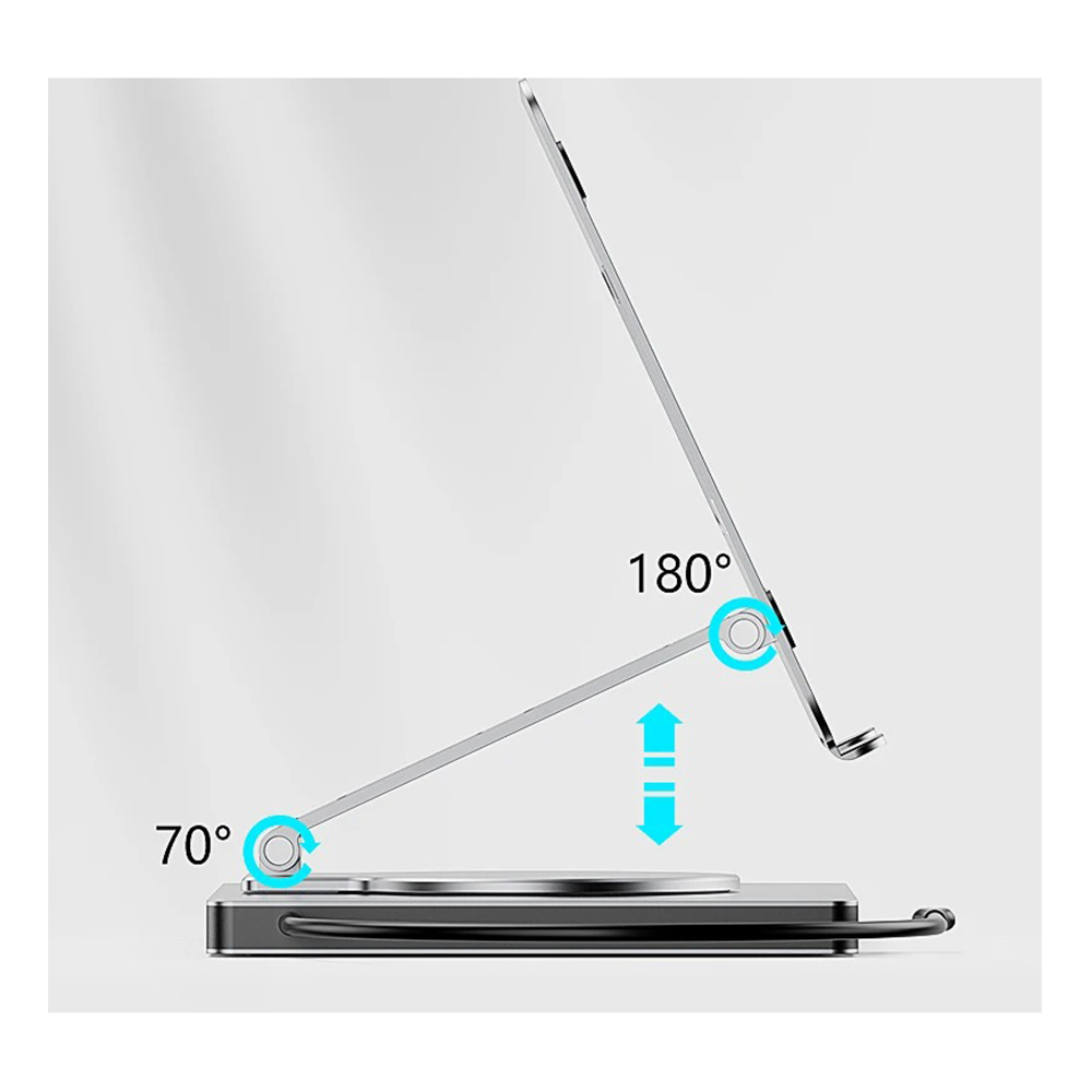 70 ve 180 derece ayarlanabilir açıları gösteren gümüş tablet standı.