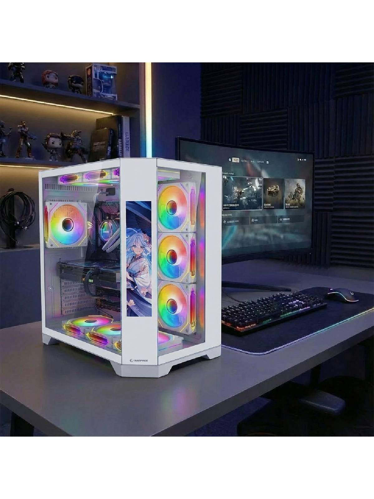 RGB fanlı ve anime çıkartmalı beyaz PC kasası masada duruyor.