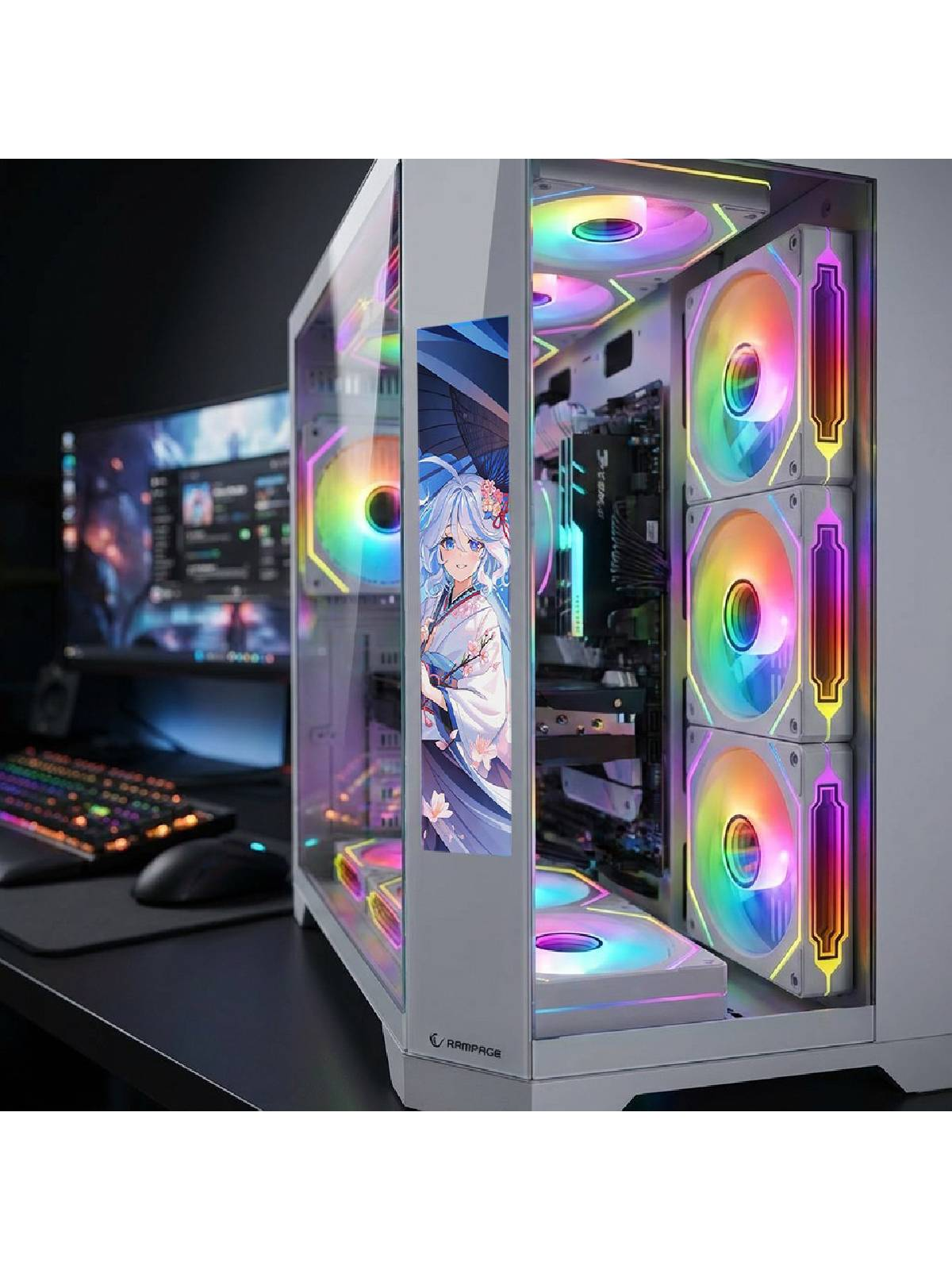 Anime çıkartmalı ve RGB fanlı bir PC kasası, monitörün yanında.