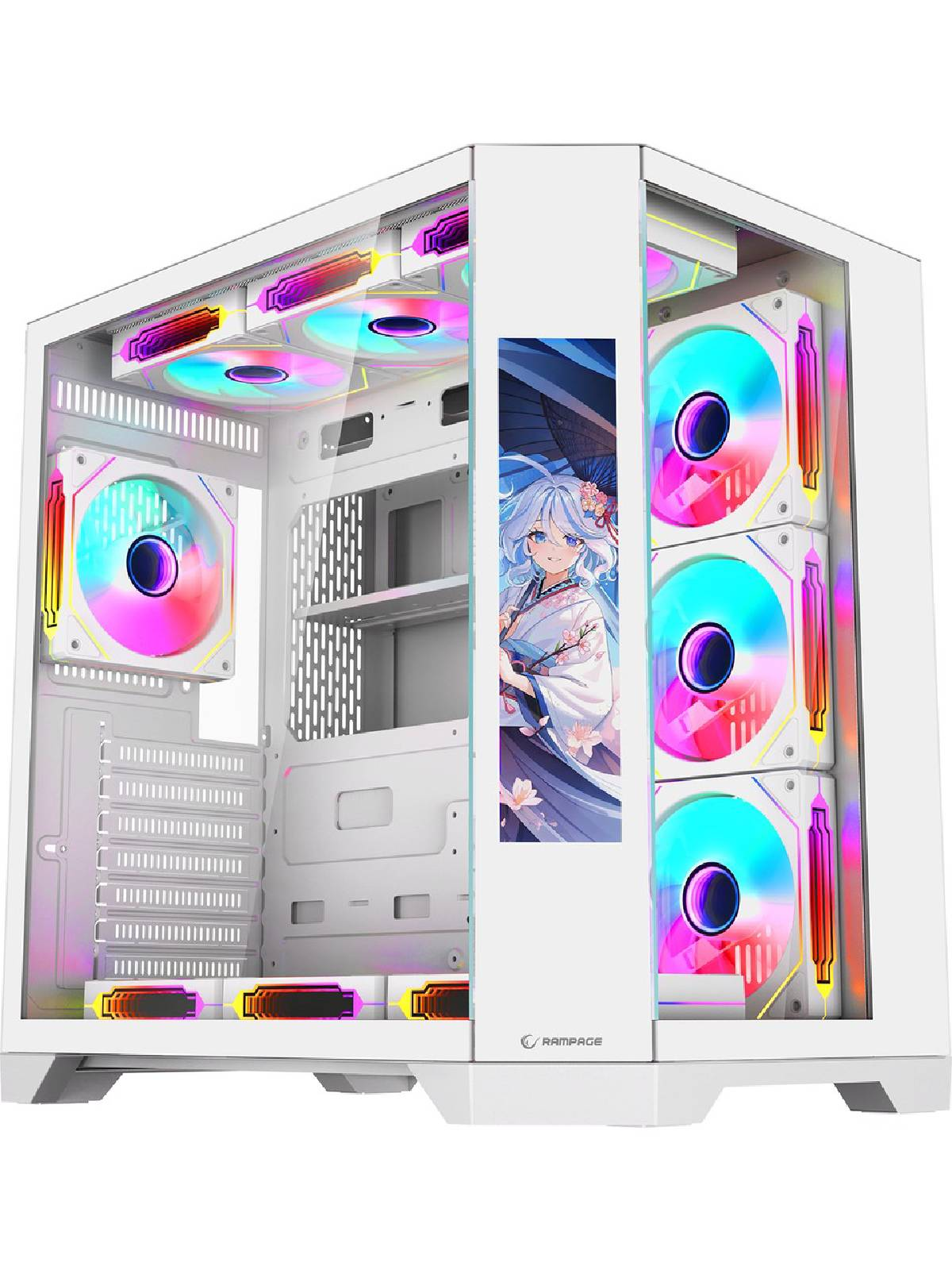 Anime çıkartmalı, RGB fanlı beyaz PC kasası.