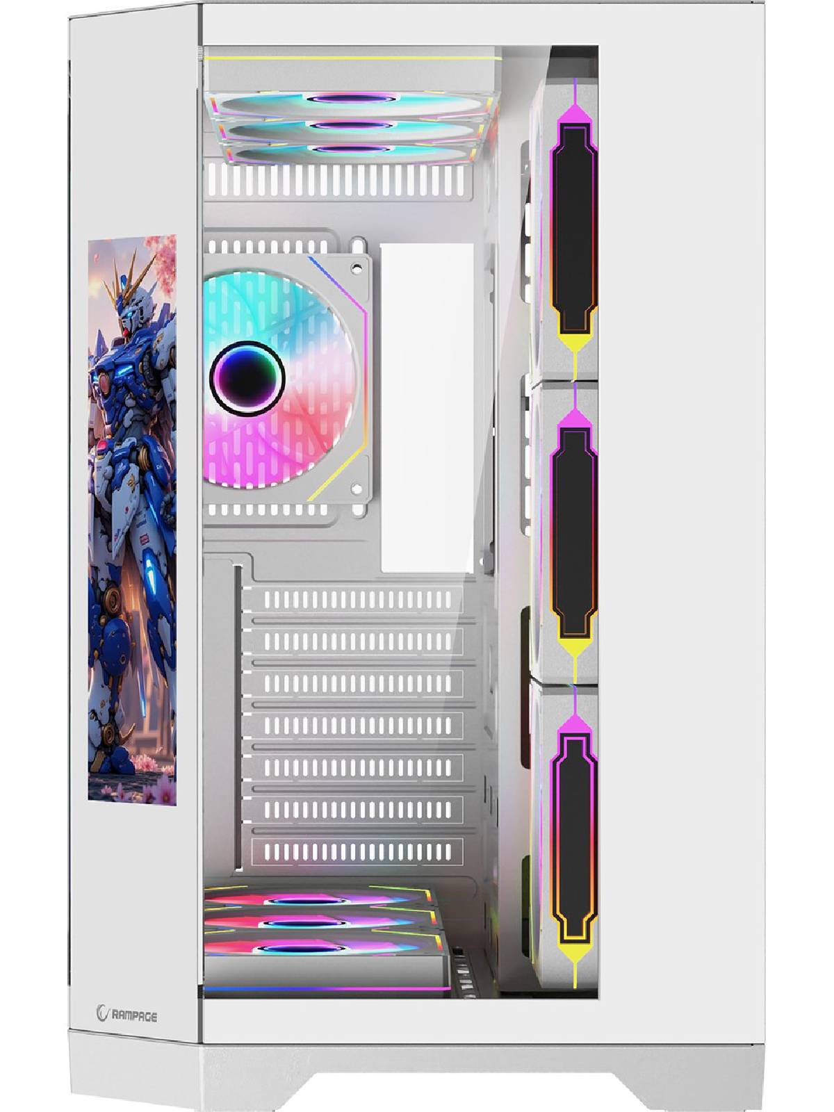 Yan panelinde RGB fanlar ve Gundam çıkartması bulunan beyaz bir PC kasası.
