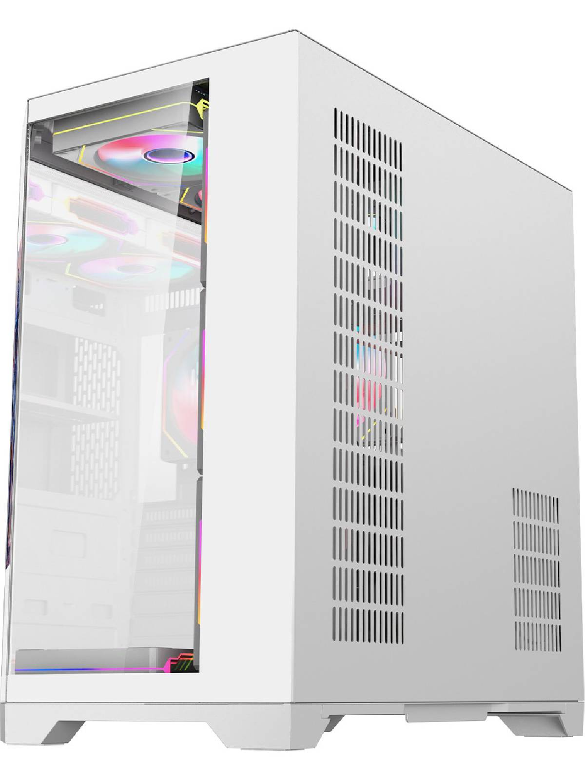 Cam önlü ve RGB fanlı beyaz PC kasası.