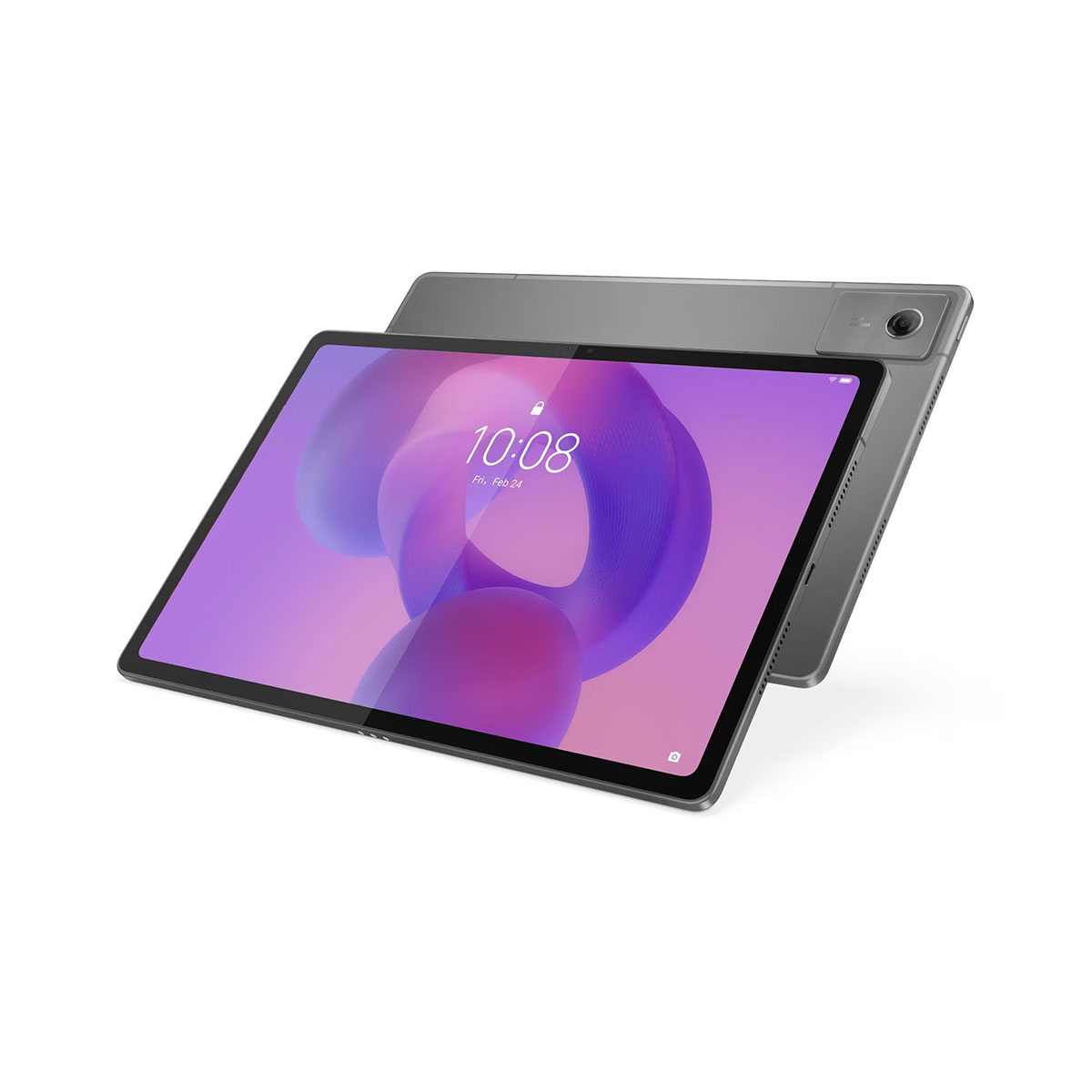 Ekranında mor duvar kağıdı bulunan gri bir tablet.